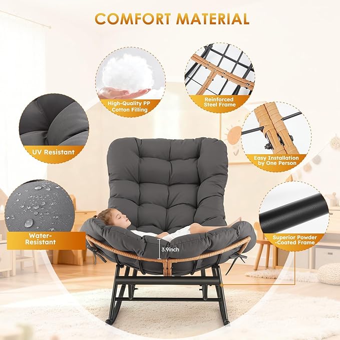 Jojoka Oversized Papasan Rocking Chair with Detachable Foot Rest, PE Rattan Rocker with Thick Removable Cushion, Metal Frame Lounge Chair for Indoor Outdoor Patio Garden Porch Living Room