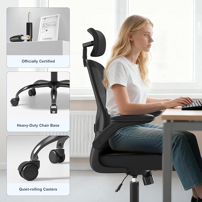 Adjustable Ergonomic Office Chair with Headrest and Lumbar Support, Mesh Back Computer Desk Chair, Flip-Up Armrest, 360° Swivel Rolling Chair for Home Office Study Gaming