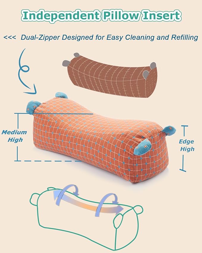 Customizable Buckwheat Hulls Roll Pillow, Firm Neck Spine Support with Adjustable Firmness, Cooling Lumbar Support Pillow for Bed, 16x6 Inch Orange Red