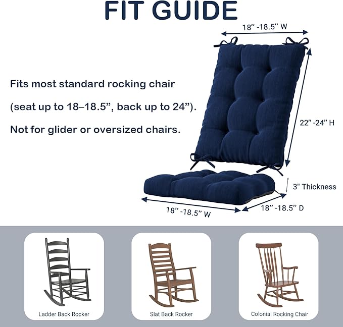 Codi Rocking Chair Cushions Indoor, Water Resistant Glider Rocker Replacement Cushion Set for Patio Porch Garden - Fits Most Standard Rockers, Navy 2PK