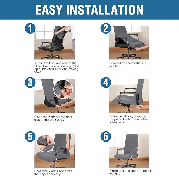 H.VERSAILTEX Stretch Computer Office Chair Cover with Durable Zipper Universal Washable Removable Spandex Rotating Boss Chairs Slipcovers Anti-dust Desk Chair Seat Protector for Dogs Cats Pets,Grey