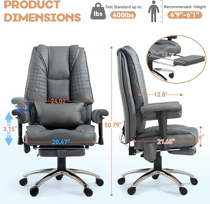 Massage Office Chair with Foot Rest, Ergonomic Executive Heated Office Chair with Reclining Backrest, Adjustable Arms and Lumbar Support, High Back Leather Desk Chairs for Home Office, Gray
