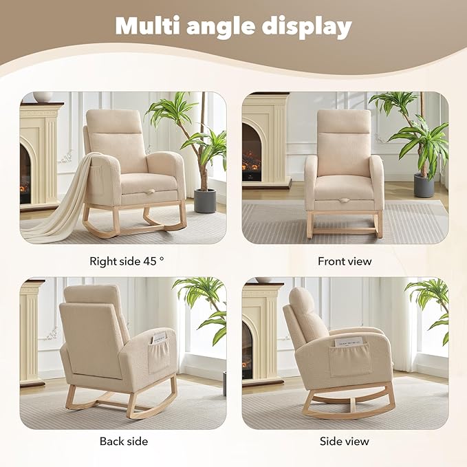 Nursery Rocking Chair with Foot Rest, High Back Upholstered Glider Rocker Chair, Solid Wood Base Lounge Chair for Mom Feeding, Living Room Bedroom Relaxation