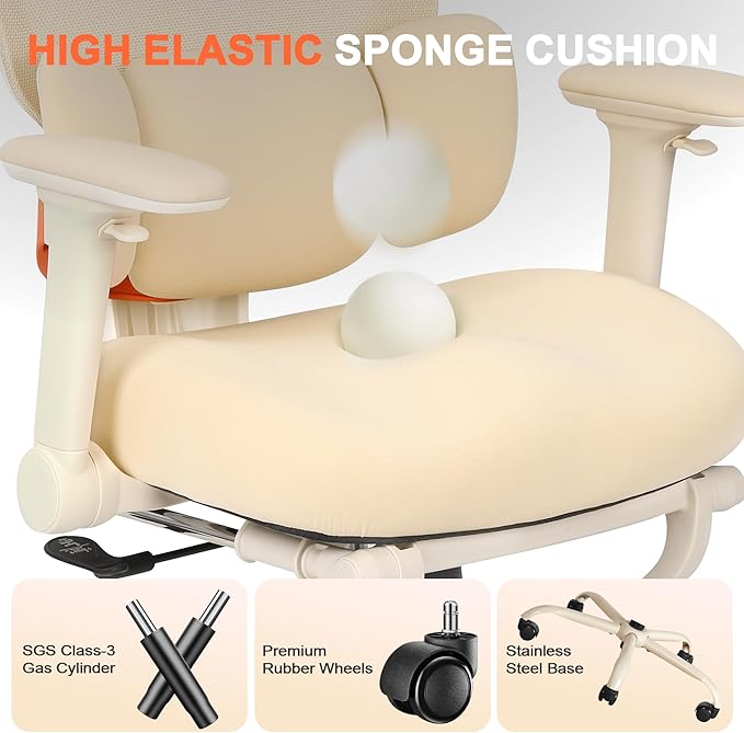 Ergonomic Office Chair with 4D Flip-Up Arms & Footrest, Mesh Desk Gaming Chair with 3D Headrest & 2D Floating Wing Lumbar Support, High Back Computer Chair for Home Office Vanity, Beige