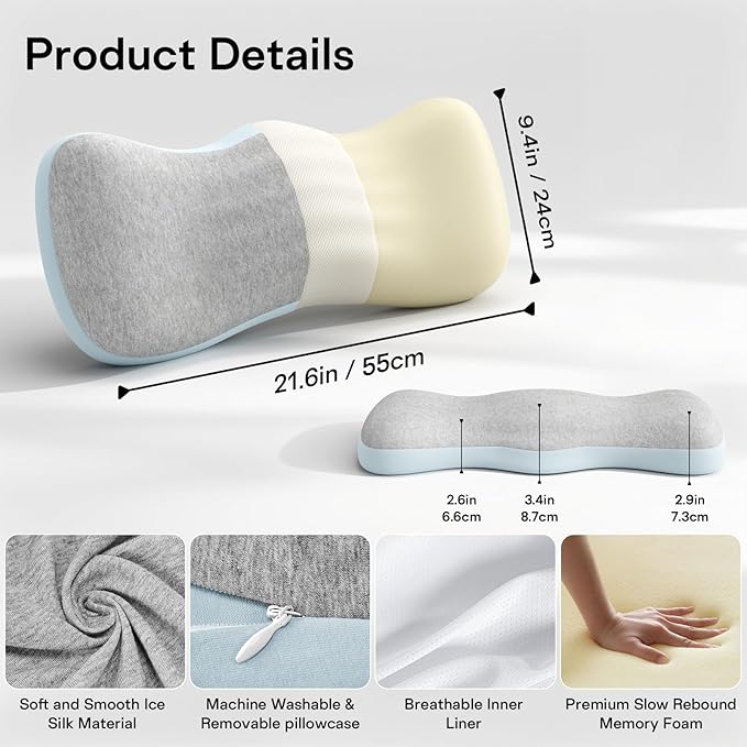 Lumbar Support Pillows for Bed, Lower Back Pillow for Sleeping, Memory Foam Waist Pain Relief Pillows, Lumbar Pillow for Sleeping, Bed, Car, Couch (Grey Blue)