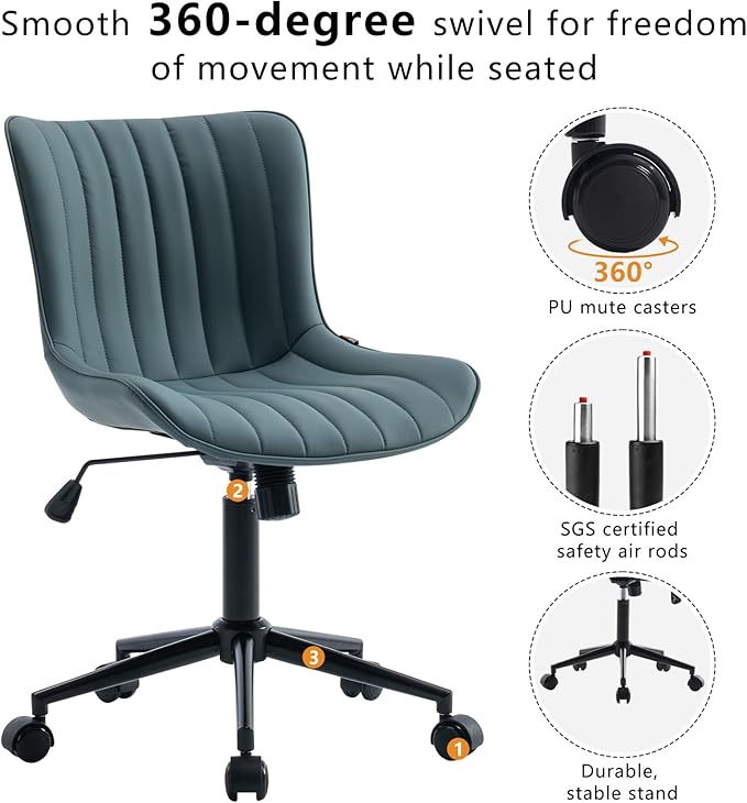 YOUNIKE Ergonomic Armless Office Chair Faux Leather Small Cute Desk Chair with 12° Rocking Back Adjustable Height Swivel Vanity Chair Compact Computer Rolling Task Chair for Small Spaces Greyish Green