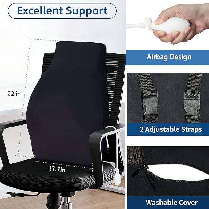 Adjustable Airbag Lumbar Support Pillow for Office Chair - Memory Foam Adjustable Firmness Back Cushion Relieves Upper/Lower Back Pain for Sitting Long Hours, Home Office Desk Chair Car/Truck Seat