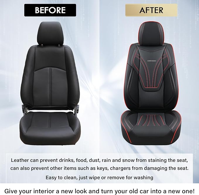 Coverado Car Seat Covers Front Seats, 2 Piece Car Seat Protector with Lumbar Support & Removable Headrest, Breathable Leather Seat Cushion Universal Fit for Truck Automotive Vehicles Black & Red