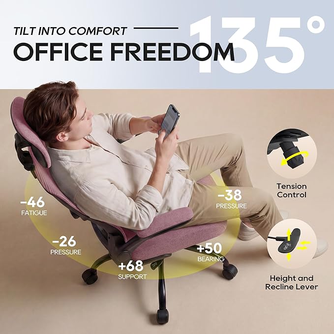 Office Chair, Ergonomic Mesh Desk Chair with Adjustable Lumbar Support and Headrest, Flip-up Armrests, High Back Computer Task Chair for Home and Executive Office (B-LPurple)
