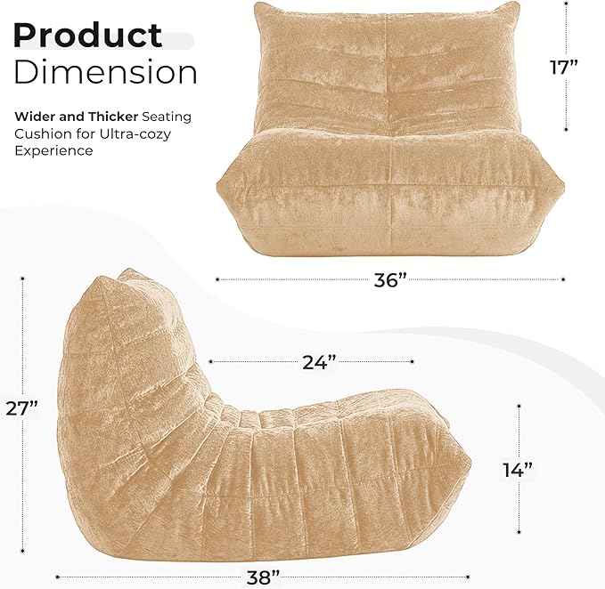 HABUTWAY Bean Bag Chair, Giant Bean Bag Chairs for Adults, Bean Bag Sofa with Filler Faux Fur, Memory Foam Bean Bag Couches Fireside Lazy Sofa for Living Room, Bedroom, Office (Khaki)