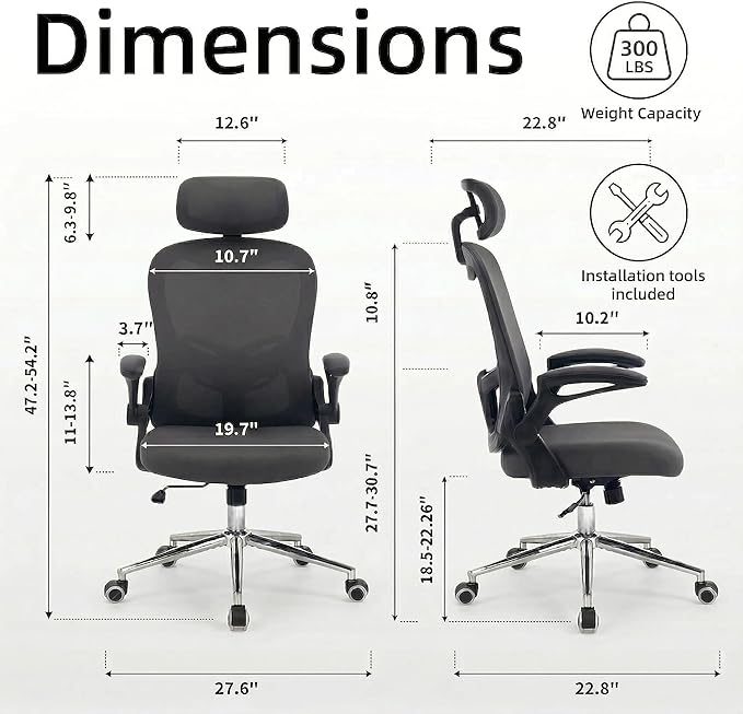 Kechen Office Chair with Swivel Armrests,High Back Mesh and Breathable Design of Computer Desk Chair,Lumbar Support and Height Adjustment for Comfortable Desk Chairs，for Work and Study (Black, 501)