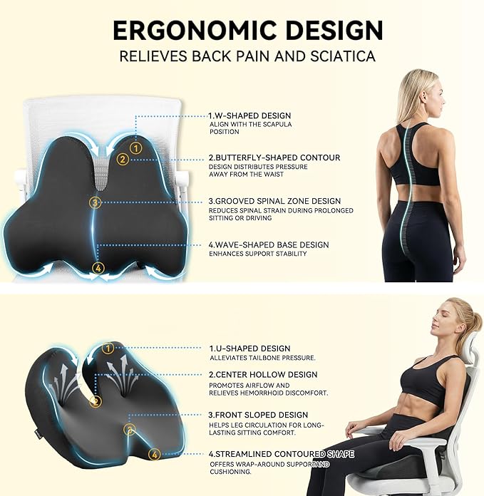 Seat Cushion Lumbar Support Pillow Set for Tailbone & Sciatica Pain Relief, Chair Cushions Back Support with Ergonomic Design Memory Foam XLarge Coccyx Pad for Car, Office, Desk, Wheelchair