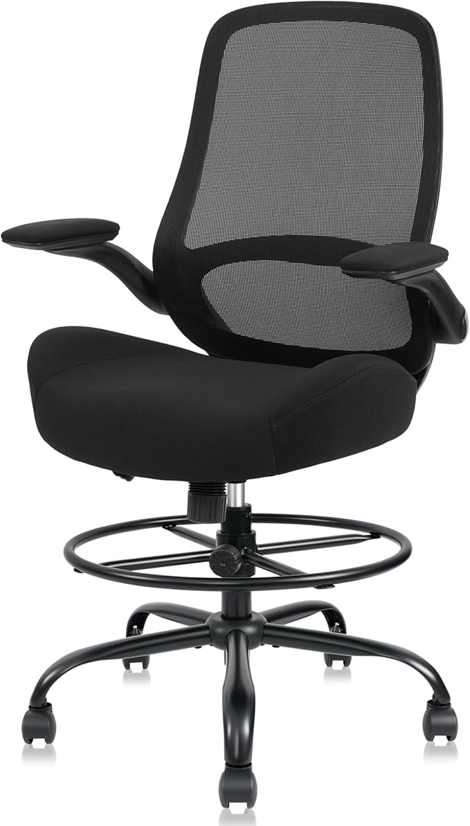 HYLONE Drafting Chair Tall Office Chair with Flip-Up and Adjustable Armrests Ergonomic Computer Chair with Adjustable Footrest Ring Mesh Standing Desk Chair (Black)