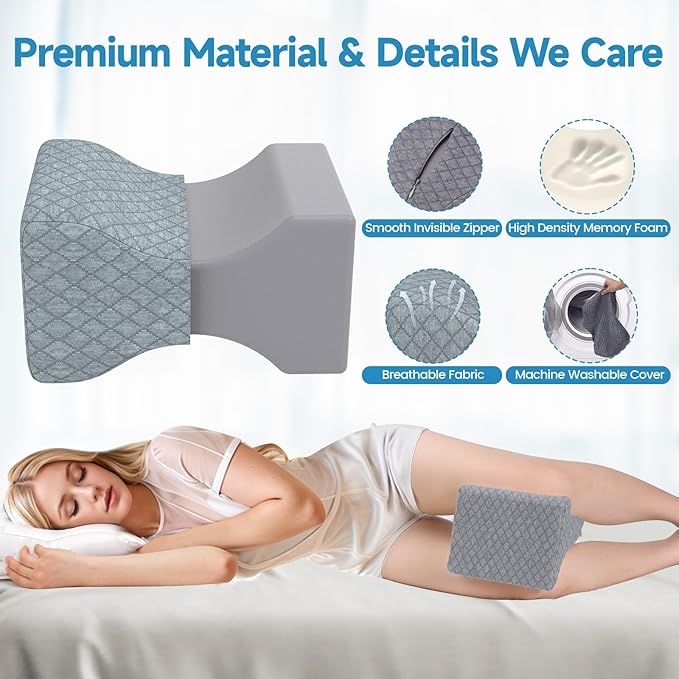 SweetSlubr Memory Foam Knee Pillow for Side Sleepers, Support Leg Pillow for Side Sleeping, Smooth Spine Alignment Pillow, Cushion for Hip, Back, Sciatica, Knee, Joints Pain Relief, Gray, X-Large