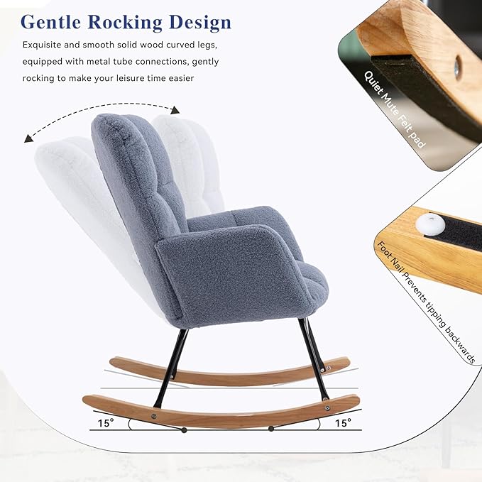 FOXHUNTER Rocking Chair Nursery Teddy Upholstered Glider Rocker High Backrest Nursery Rocker Comfortable Stylish Accent Armchair for Living Rooms Bedrooms Offices (Teddy Light Blue)