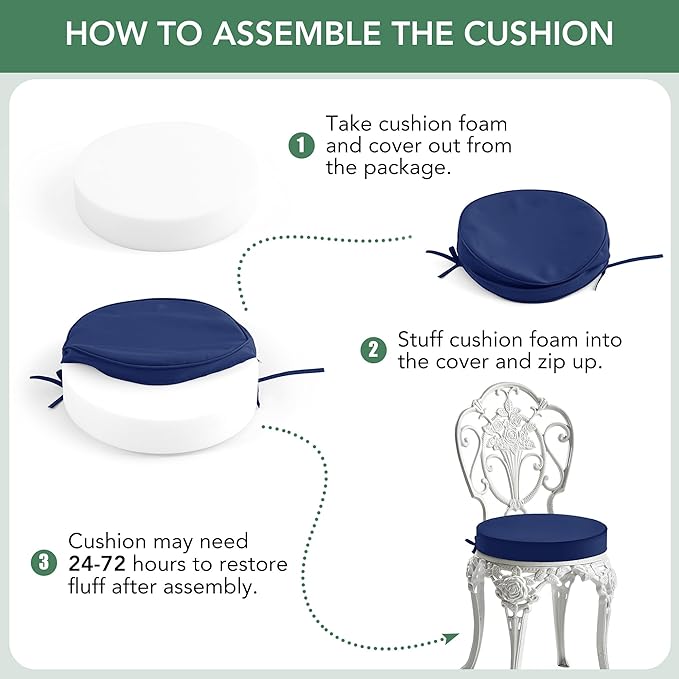 Summsun Outdoor Bistro Chair Cushions Set of 4, 15" D x 3" H Round Chair Cushions Waterproof and Fade Resistant Chair Cushion Pads with Non-Slip Ties and Removable Covers for Garden, Navy Blue