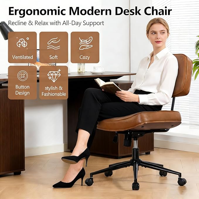 Walnut Armless Modern Office Desk Chair with Wheels, PU Leather Adjustable Height Swivel Rolling Task Chair, Ergonomic Criss Cross Legged Computer Chair (Brown)