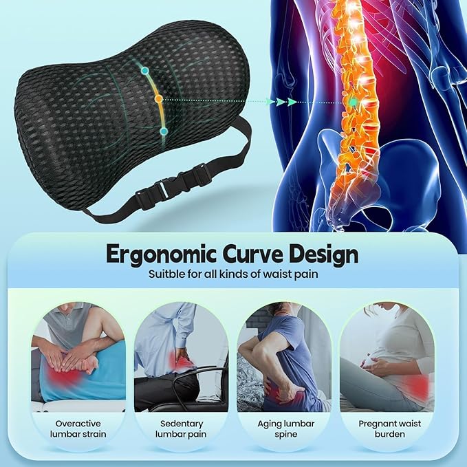 AgoKud Lumbar Pillow,Lumbar Support Pillow for Car and Office Chair,Memory Foam Back Support Pillow for Lower Back Pain Relief,Adjustable Back Pillow for Bed,Rest,Sleeping,Travel