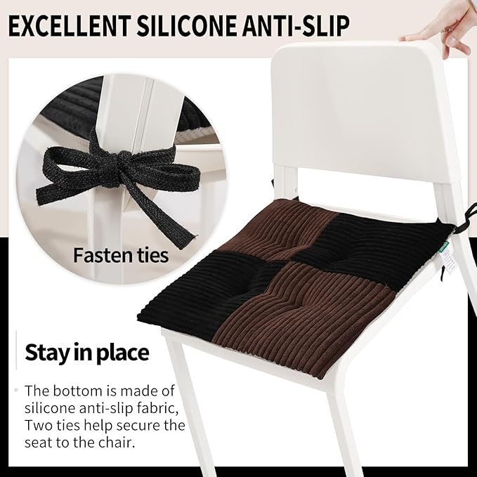 Office Stacking Chair Cushion with Ties, Corduroy High Density Foam Non-Slip Kitchen Seat Cushion, Square 17" x 17" Indoor Dining Chair Pads, Black+ Brown, 1 PCS