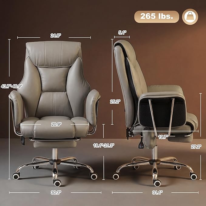 HOMCOM Massage Office Chair with 6-Point Vibration, Overstuffed Reclining Desk Chair with High Back, PU Leather, Footrest, Thick Spring Cushion, Lumbar Support, Grey