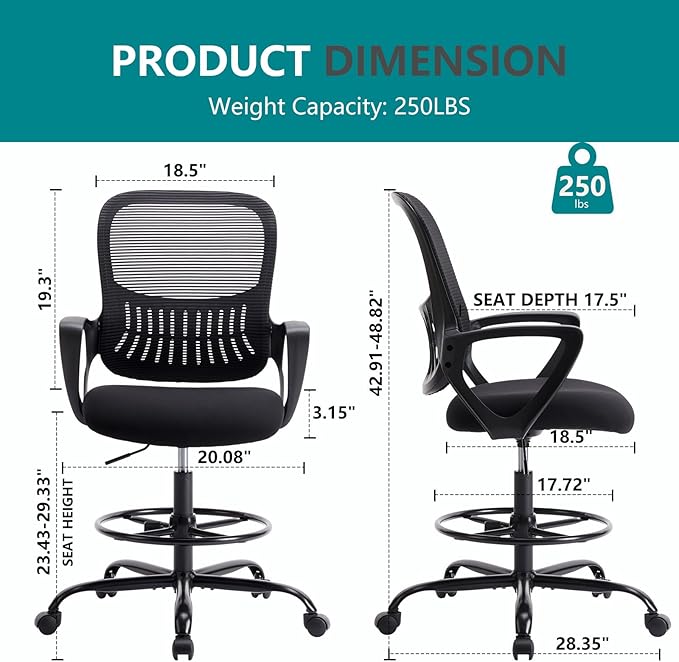 DUMOS Drafting Chair - Counter Height Adjustable Tall Office Desk Chair with Fixed Armrests and Comfortable Lumbar Support for Standing Desk, for Bedroom Livingroom, Black