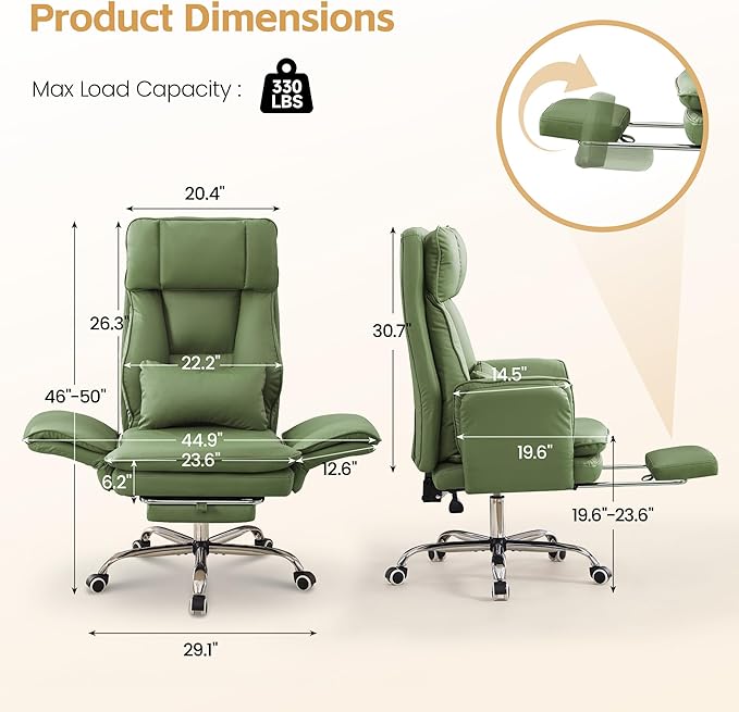 Big and Tall Office Chair, Cloud Reclining Office Chair with Footrest & Flip Armrest for Pets, Executive Ergonomic Criss Cross Desk Chair, Swivel Computer Gaming Chair with Lumber Pillow, PU Green