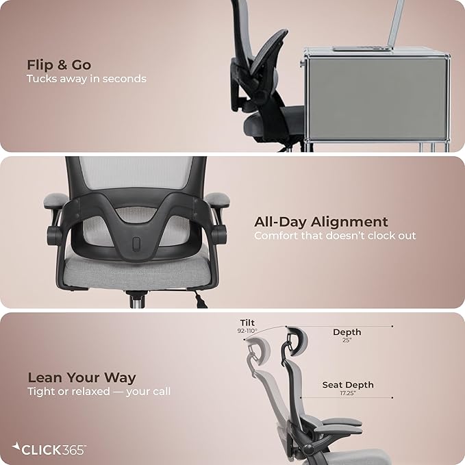 AeroCore M320 Ergonomic Office Chair, High Back Breathable Mesh Computer Chair with Lumbar Support, Adjustable Headrest & Tilt, Flip-Up Arms, 360° Swivel Home Office Desk Chair, Gray