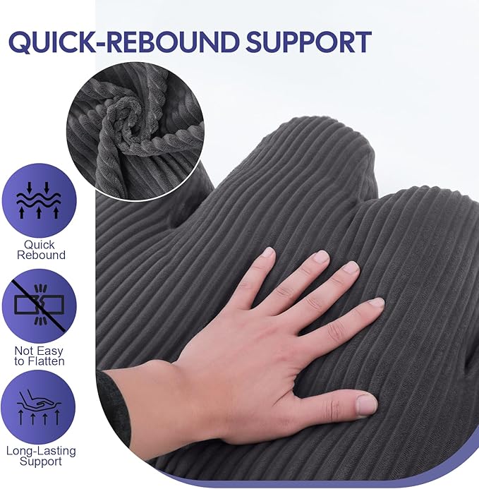 Lumbar Support Pillow for Recliner, Back Support Pillow for Office Chair, Ergonomic Corduroy Cloud pillow with Shredded Foam , Lower Back Pain Relief for Gaming Chair, Couch, Dark Grey