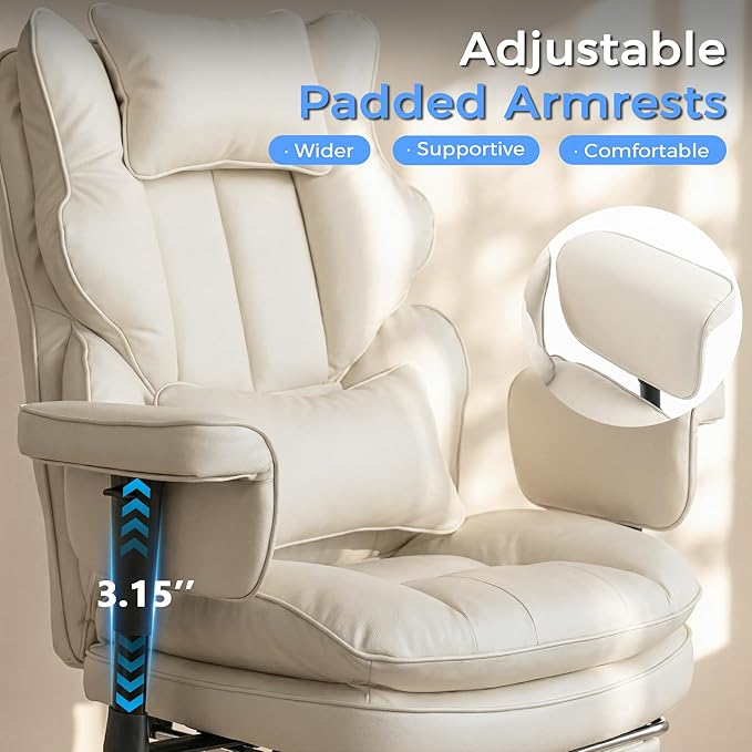 Big and Tall Massage Office Chair with Heat, Extra Wide Double-Layer Pocket Spring Cushion, High Back Reclining Gaming Chair with Adjustable Armrests & Footrest, Heavy Duty Ergonomic Chair, White