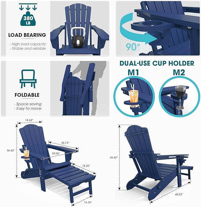 THOEOE Adjustable Adirondack Chair with Retractable Ottoman, HDEP Folding Adirondack Chairs with Footrest 2-in-1 Cup Holder, All Weather Outoor Fire Pit Chair with Foot Rest Set 4 Navy Blue