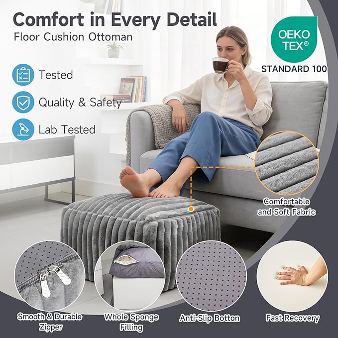 Tiita Square Ottoman Foot Rest, Corduroy Pouf Ottoman with Foam Filling, 21x21x13.8 Inch Poofy Ottomans with Removable Cover, Fluffy Foot Rest Stool with Non-Slip Bottom for Living Room Bedroom