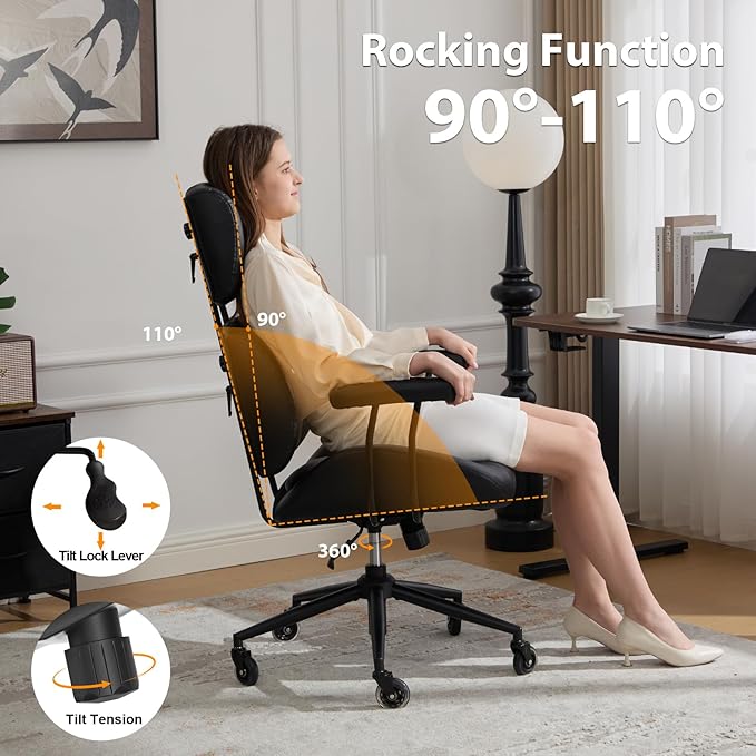 Office Chair, Ergonomic Computer Chair with Adjustable Headrest and Lumbar Support, Executive Leather Chair with Padded Arms, High Back Desk Chairs for Long Hours Sitting, Black