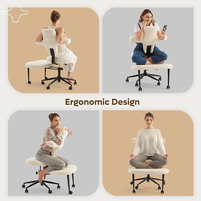 Pinmoco Ergonomic Cross Legged Office Chair Extra Wide for ADHD and Meditation, Kneeling Chair with 360° Swivel Wheels and Reversible Seating, Adjustable Height and Seat Deapth, Teddy Fabric, White