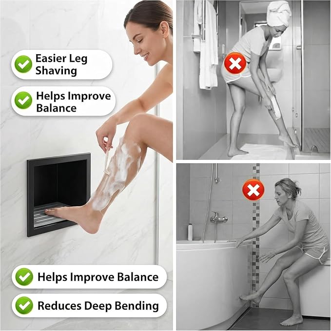 Shower Shaving Foot Rest Niche, 304 Stainless Steel 7''x7'' Shower Foot Rest for Shaving Legs, Anti Slip Recessed Single Layer Wall Niche Insert Tile Ready, for DIY, Regularly Shave Legs