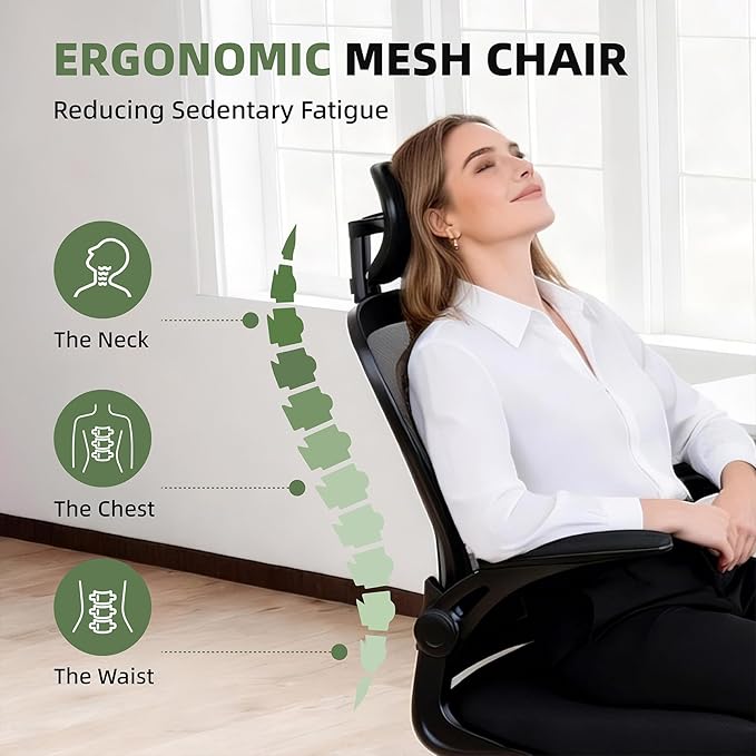 ralex-chair Ergonomic Office Chair with Adjustable Headrest & Lumbar Support, Computer Desk Chair with Flip-Up Armrests, Comfortable for Home, Office, Conference Room