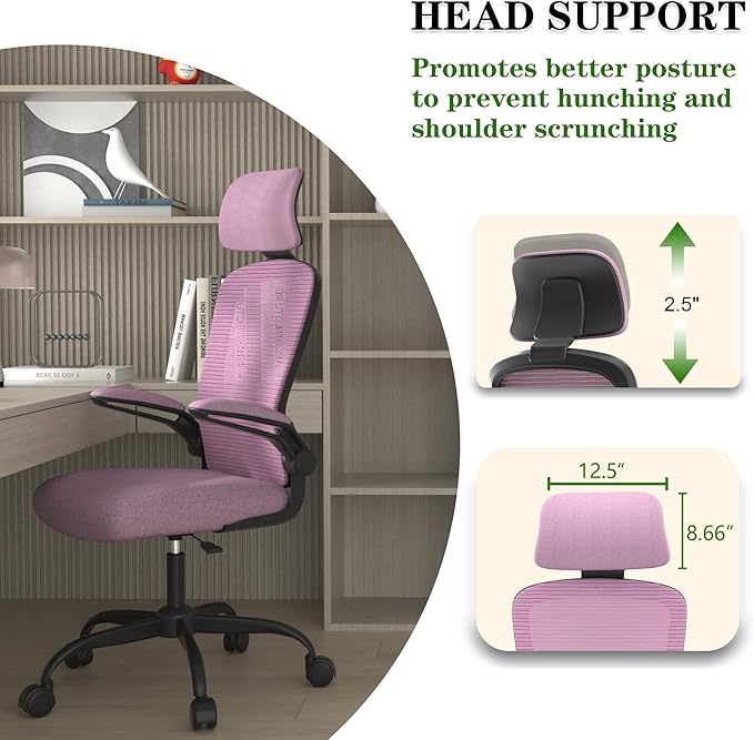 Ergonomic Office Chair for Long Hours Sitting – Back & Neck Pain Relief, Adjustable Lumbar Support & Headrest, High-Density Foam Seat, Ideal for Work & Home Office, Light Purple