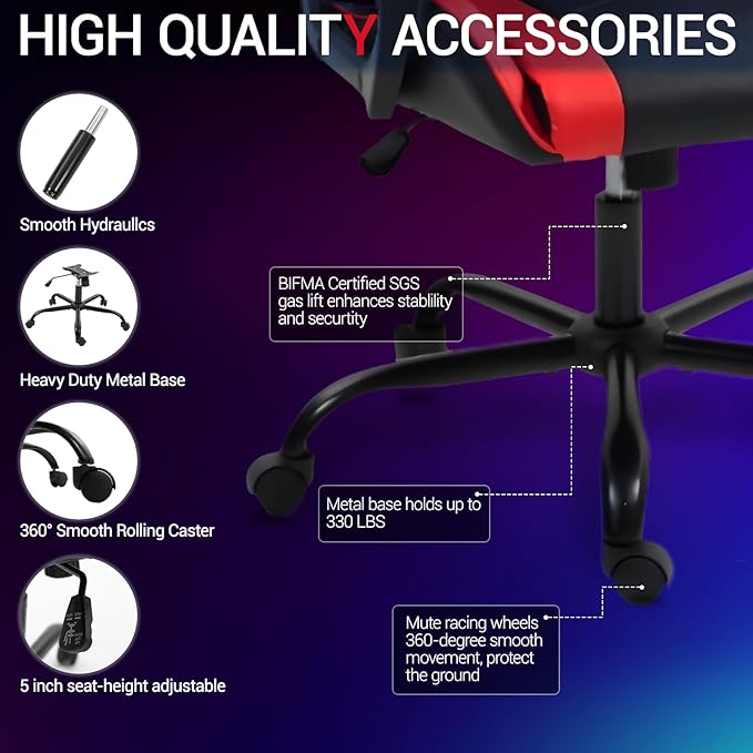 Gaming Chair PU Leather Massage PC Video Game Chair with Lumbar Support for Men Women, Home Office, Height Adjustable, Ergonomic, High Back, Red
