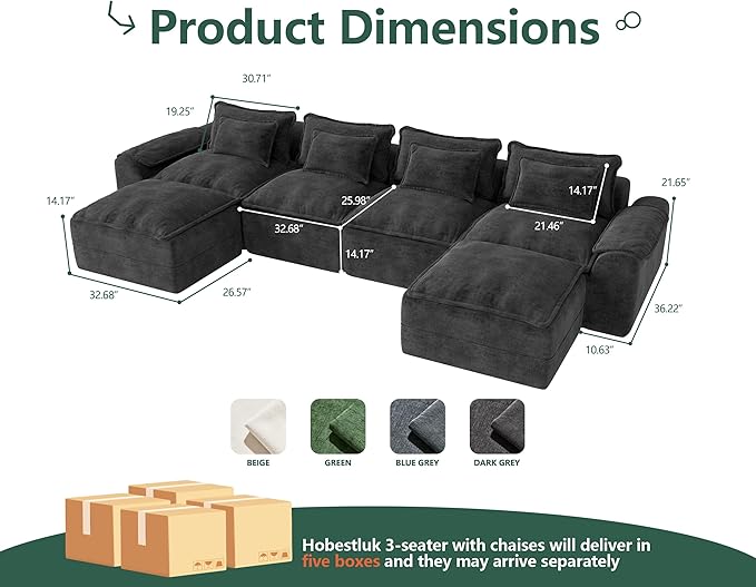 Hobestluk 152" Cloud Modular Sectional Couch 4-Seater Sofa with Ottomans U Shaped Couches Deep Seat Boneless Sofa for Living Room (Dark Grey, 4-Seater Sofa with Two Ottomans)