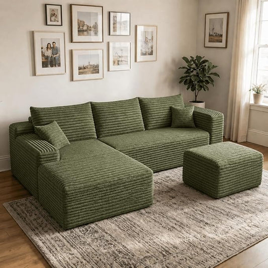 94" Green Fluffy Couch with Ottoman for Living Room, Corduroy No Bones Sectional Couch,Compressed Memory Foam Cloud Sofa,No Assembly Required,Left Facing Chaise,Green