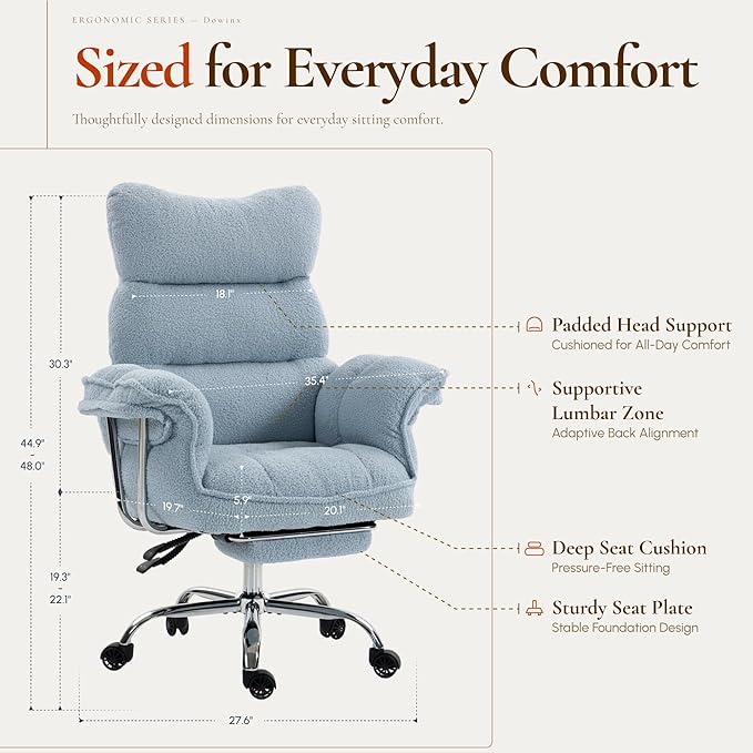 Dowinx Big and Tall Office Chair, Ergonomic Desk Chair with Thick Cushion, Wide Seat & Armrests Computer Gaming Chair,High Back Reclining Teddy Fleece Criss Cross Chair with Foot Rest, Blue