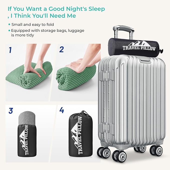Travel Pillow Memory Foam Pillows, Camping Pillow-Compressible Medium Firm, Breathable Cover, Ideal Backpacking Hiking, Bed Pillows, Airplane and Car (Green, M)