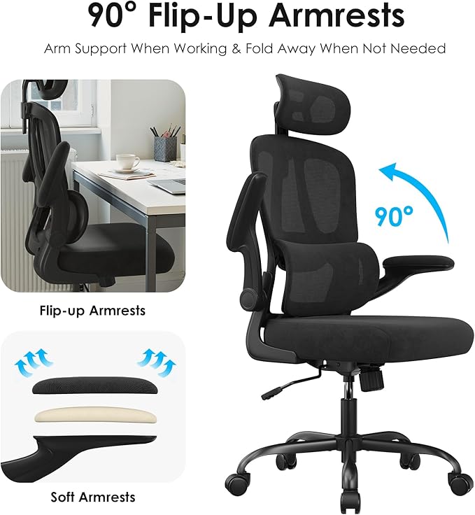 Breathable All-Mesh Ergonomic Chair with Headrest - High Back Desk Chair for Cool, Sweat-Free Work Sessions, Silent Casters Perfect for Bedroom Office (Black)