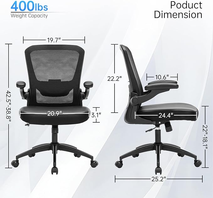 Ergonomic Office Chair Adjustable PU Leather Computer Chair with Lumbar Support,Flip-Up Arms, Breathable Mesh Back, Swivel Rolling Executive Desk Chair for Home Office, Black