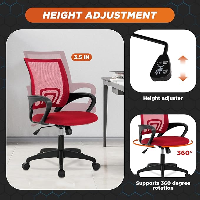 Ergonomic Office Chair Desk Chair Mesh Computer Chair Task Rolling Swivel Chair Upgraded Executive Swivel Computer Chair with Lumbar Support Modern Executive Adjustable Chair,Red