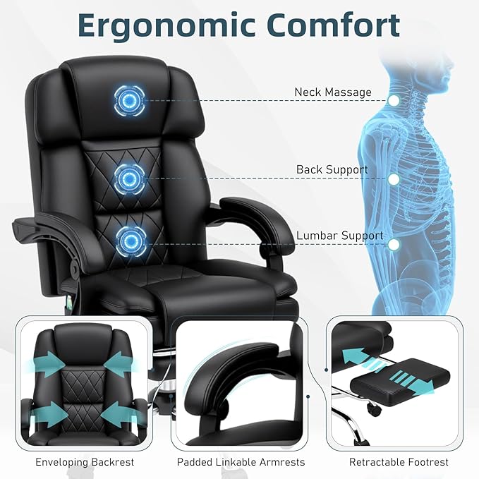 HOMREST 6-Point Massage Office Chair with Heat, Ergonomic Reclining Desk Chair with Footrest, PU Leather Executive Chairs for Home Office, Massaging Computer Chair Gift for Men, Black