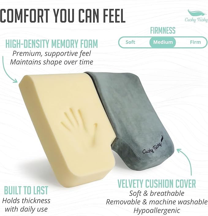 Cushy Tushy Premium Foldable Wheelchair Cushion - for Relief of Lower Back, Sciatic, Butt and Tailbone Pain - for Home & Office Use, Perfect for Travel or Driving - Gray Coccyx Seat Cushion