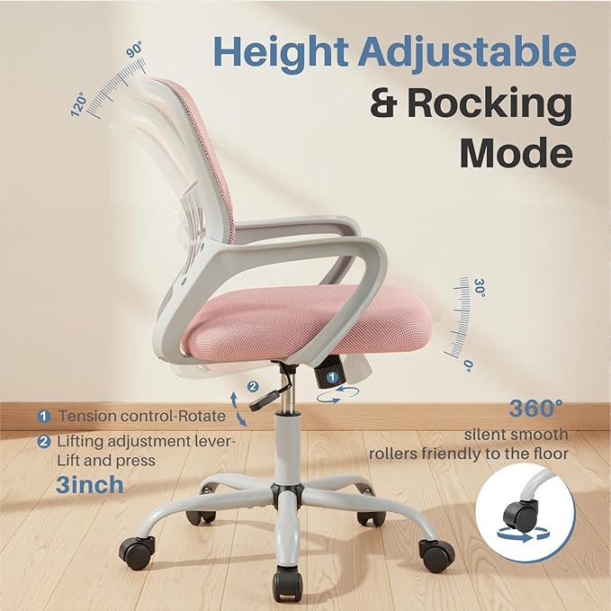 DUMOS Home Office Computer Chair - Ergonomic Mid Back Desk with Lumbar Support and Rocking Mode, Height Adjustable with Fixed Armrest, for Conference Meeting Room, 360° Swivel, Adults, Pink