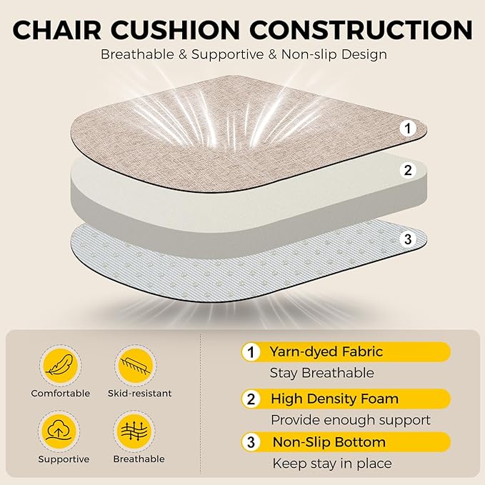 downluxe Indoor Chair Cushions for Dining Chairs,Kitchen Chair Pads with Ties and Non-Slip Backing, 16" x 16" x 2", Oatmeal Beige, 2 Pack