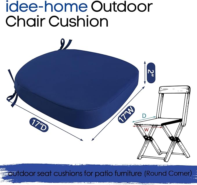 idee-home Outdoor Chair Cushions Set of 2, 17" x 17" Thick D-Shaped Patio Furniture Outdoor Seat Cushions Waterproof with Ties, Dining Pads