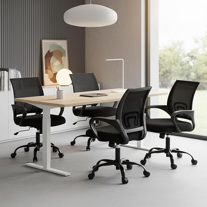 OLIXIS Office Desk Chair - Ergonomic Mid Back with Lumbar Support & Rocking Mode, Height Adjustable with Fixed Armrest, for Home, Computer, Gaming, Conference, Meeting, 360° Swivel, Black, 2 Pack